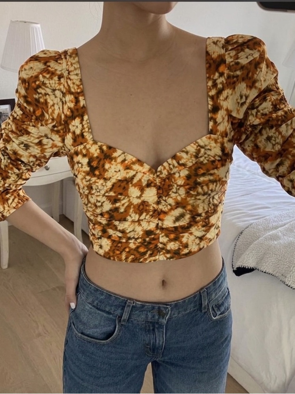 Zara Brown & Cream Tie-Dye Sweetheart Puff Crop Top